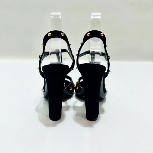 Gucci Sandals 37 /US 7 Black Suede Leather Gold Studded T-Strap High Heel - Picture 6 of 10